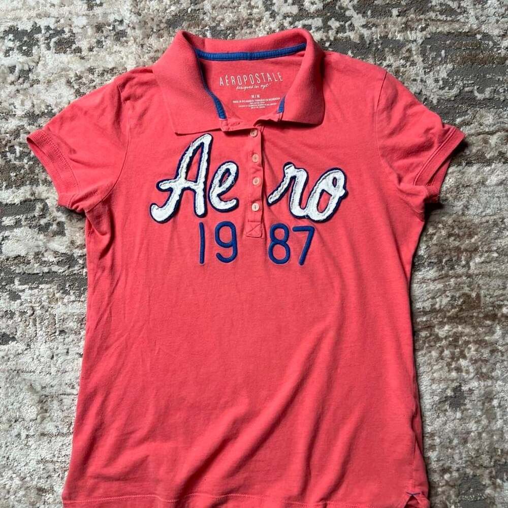 Aeropostale Aero 1987 Polo Shirt Size M Coral Pink Applique Logo